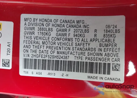 2025 Honda Civic Sport z USA, uszkodzony, nr VIN 2HGFE2F52SH524387